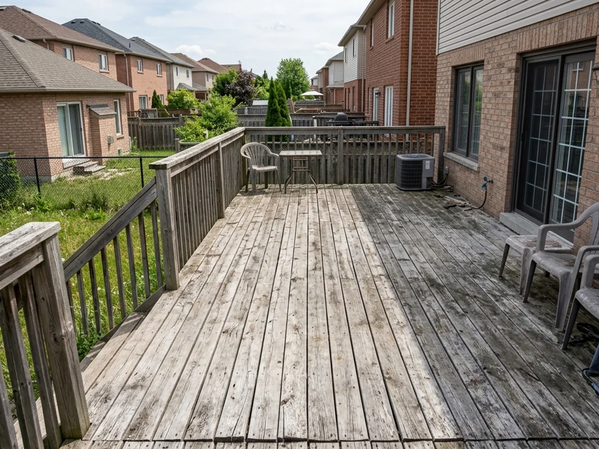 Pre-restoration pressure-treated deck on a Brampton subdivision home, weathered grey and cupped