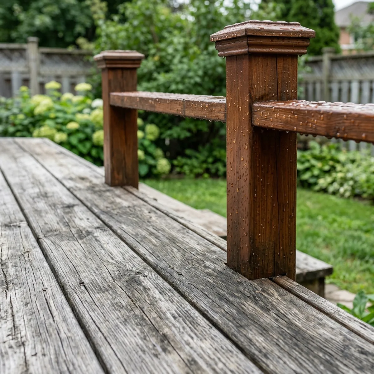 Weathered Toronto cedar deck showing faded horizontal boards next to better-preserved railings