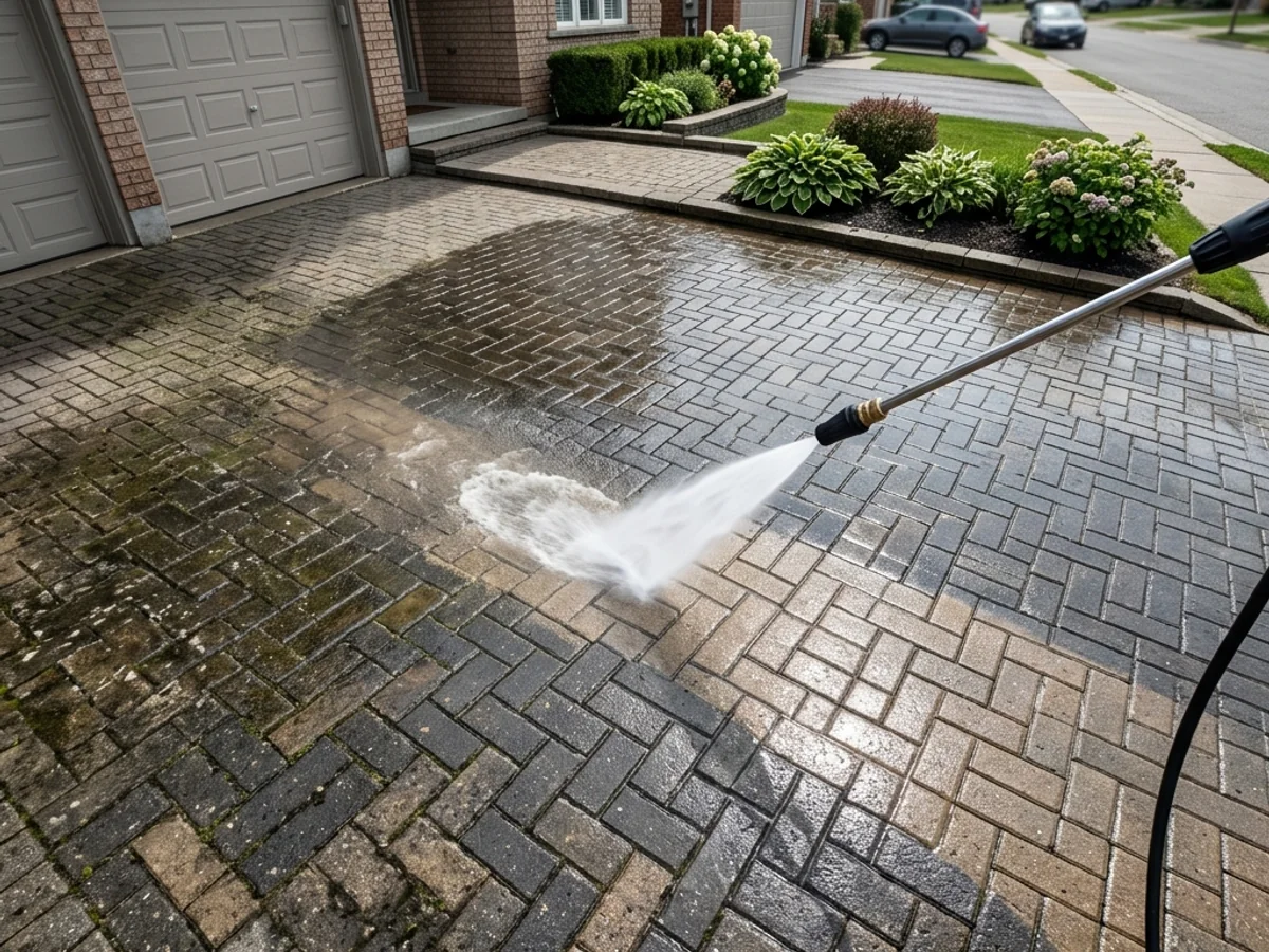 Pressure washing an interlocking brick driveway with a visible clean stripe vs dirty surface contrast
