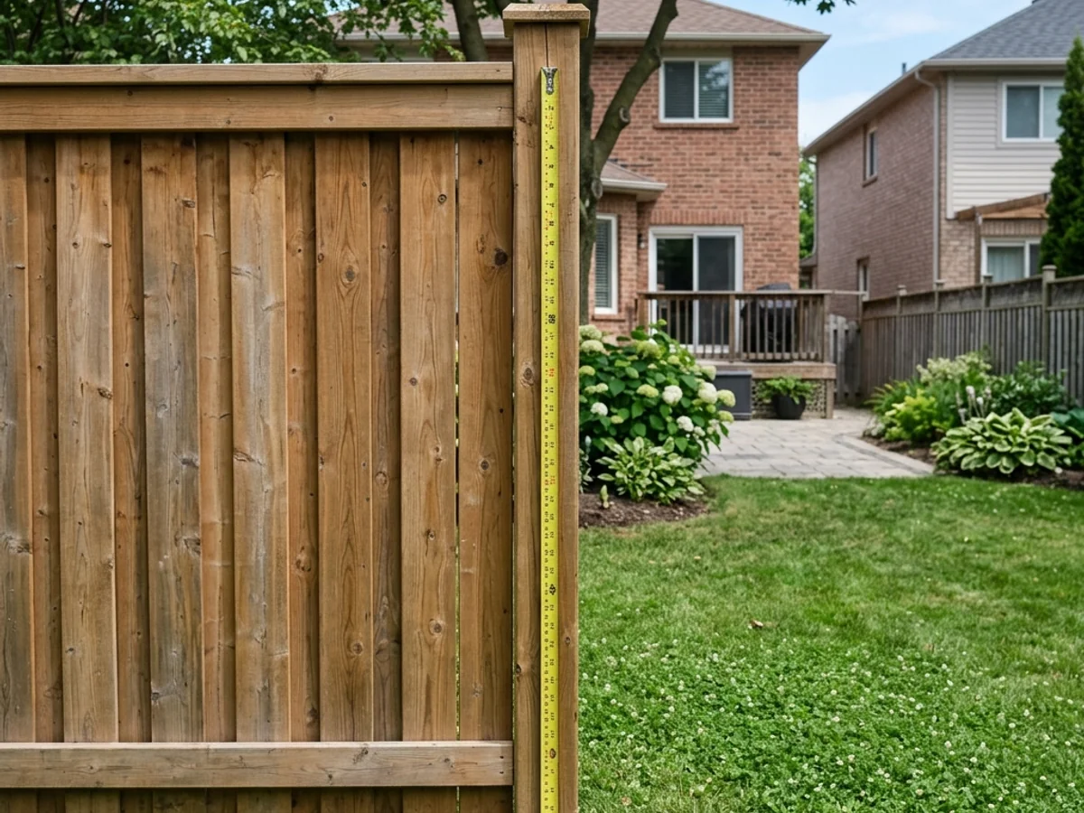 Cedar privacy fence in a GTA backyard with a measuring tape showing height for bylaw compliance