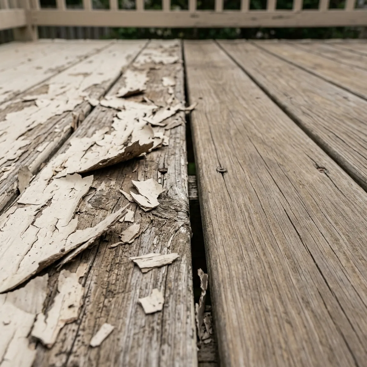 Peeling painted deck boards beside an evenly weathered stained deck surface