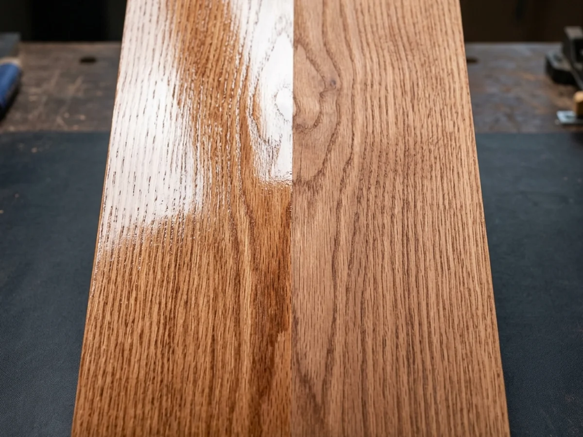 Side-by-side comparison of polyurethane and hardwax oil finishes on red oak hardwood