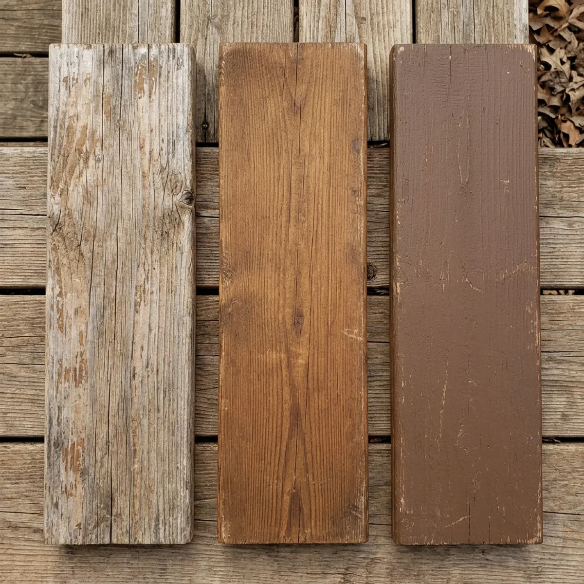 Comparison of deck stain finishes at different stages of weathering on cedar boards