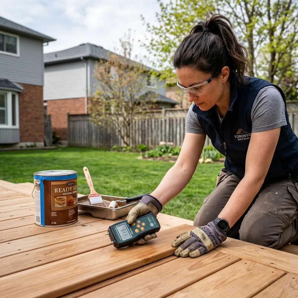 Contractor checking deck board surface temperature and moisture before applying stain