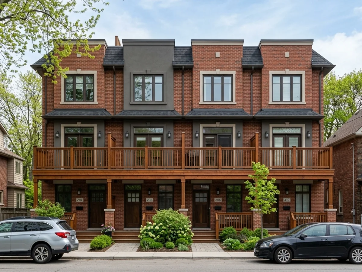 Row of Toronto townhouse balconies after uniform wood restoration in matching warm-brown stain